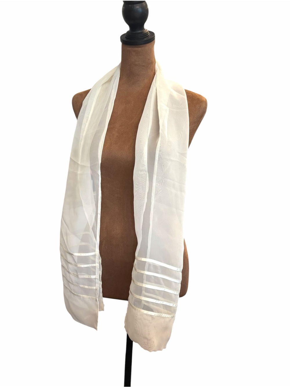 Berkshire Ivory Long Scarf Sheer Satin Striped Ends 59”x 11” Feminine Classic